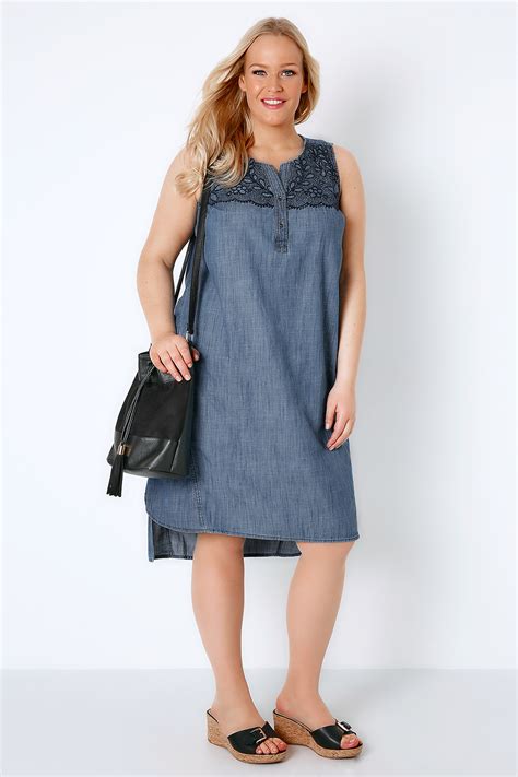 Blue Denim Embroidered Sleeveless Dress With Step Hem Plus Size 16 To 36