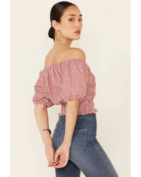 Beyond The Radar Womens Gingham Off Shoulder Peasant Crop Top Red