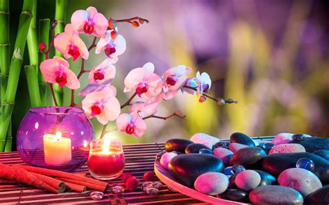 Wallpaper Stones Relaxing Candle Medidation Bamboo Orchids