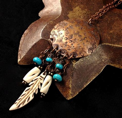 Copper Necklace Pendant Handstamped Metalwork With Turquoise And Carved