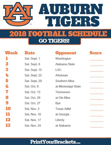 2018 Printable Auburn Tigers Football Schedule | Auburn ...