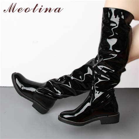 Meotina Knee High Boots Women Patent Leather Winter Boots Square Heel