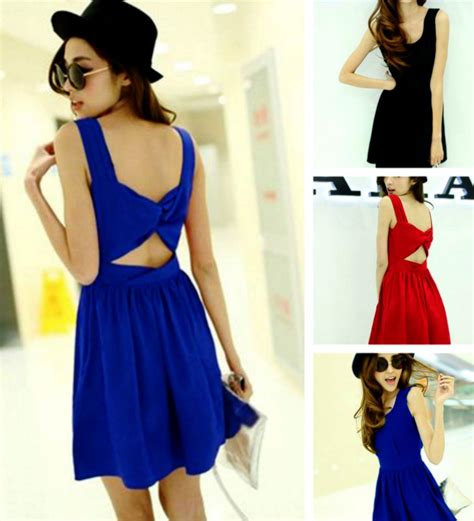 Sexy 3 Colors Bow Knot Design Backless Skater Dress On Luulla
