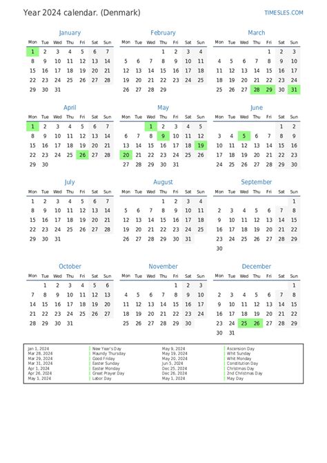 Calendar For 2024 With Holidays In Denmark Print And Download Calendar