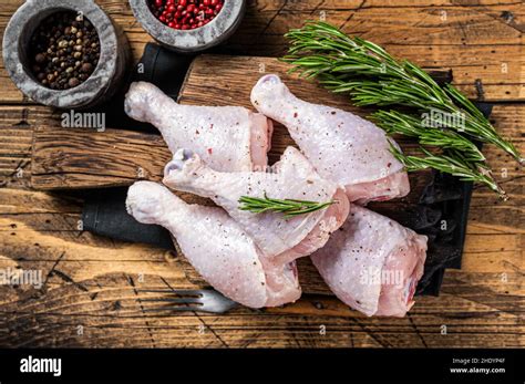 Fresh Chicken Drumsticks Legs With Skin Raw Poultry Meat Wooden Background Top View Stock