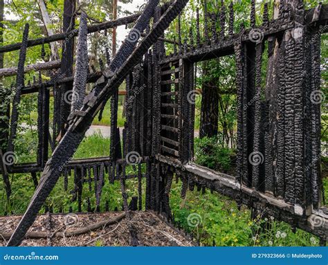 Consequences Of Fire Completely Burnt Wooden House Stock Photo Image