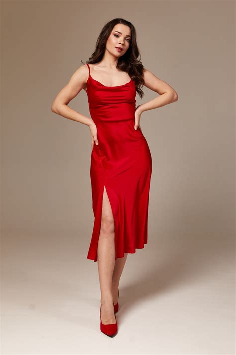 Red Silk Slip Dress With Slit Bridesmaid Midi Silk Dress Cowl Neck Etsy