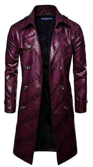 fubotevic men s belted pu leather double breasted stylish long trench coat jacket overcoat wine