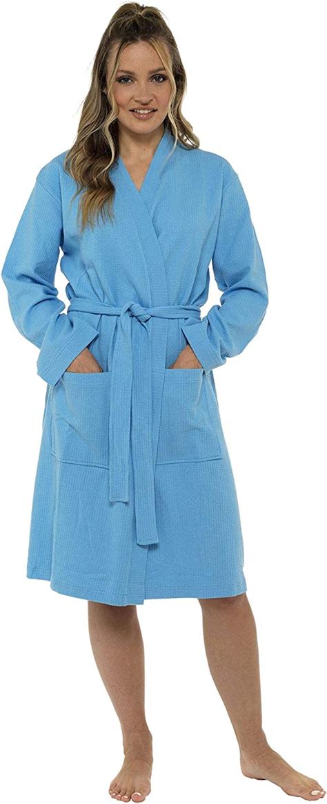 womens ladies 100 cotton waffle robe dressing gown wrap blue size medium 12 14 uk