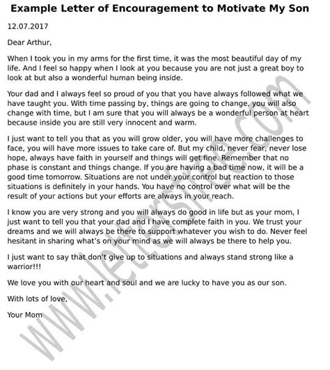 Sample Letter Of Encouragement To Motivate My Son Free Letters