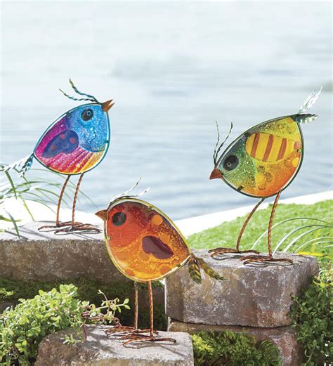 Indooroutdoor Metal And Colorful Iridescent Glass Bird Statues Set Of