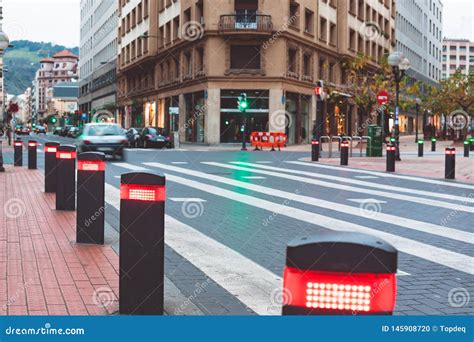 Modern Traffic Lights Posts On Pedestrian Crossing Stock Photo Image