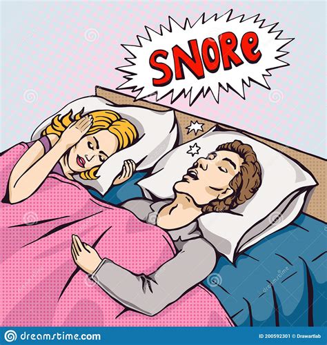 Snoring Man In Bed With The Woman Covering Ears With The Pillow From
