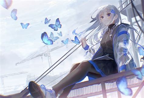 895591 Dress Butterfly Silver Hair Anime Blue Eyes Oyuyu Anime