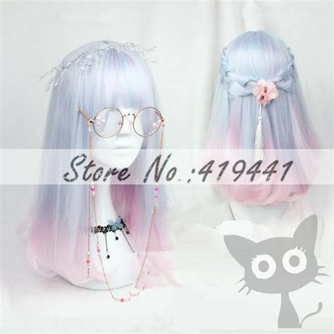 Free Shipping 45cm Short Pink And Blue Mixed Lolita Wig Synthetic Anime