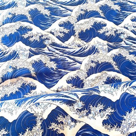 Tissu Japonais Motif Traditionnel Vague Bleu Claire Ukiyoe Coton