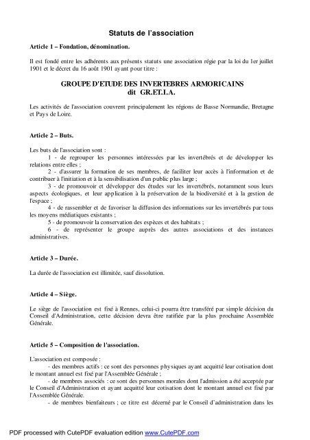 Statuts De L Association GROUPE D ETUDE DES Gretia