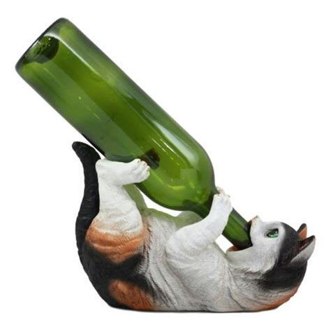 Ebros Feline Calico Kitty Cat Wine Bottle Holder Caddy Figurine For