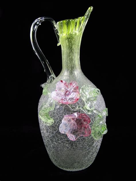 Antique Victorian Bohemian Art Glass Ewer Uranium Applied Flower Harrach Kralik Glass Art Art