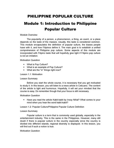 Philippine Pop Culture Philippine Popular Culture Module 1
