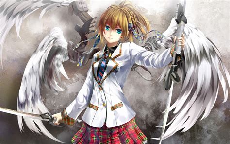 Wallpaper Blonde Anime Girls Blue Eyes Wings Weapon School Uniform Sword Original