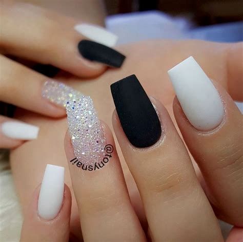 Matte Black Sparkles And White Cute Acrylic Nails Coffin Nails
