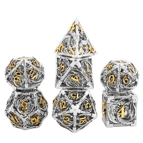 Buy Hollow Metal Dnd Game Dice Dragon Shape Carved Silver And Gold