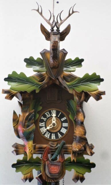Vintage Black Forest Hunter Deer Rabbit Pheasant Cuckoo Clock Germany