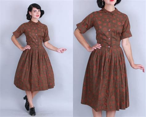 1950s cotton day dress vintage 50s earth tones printed