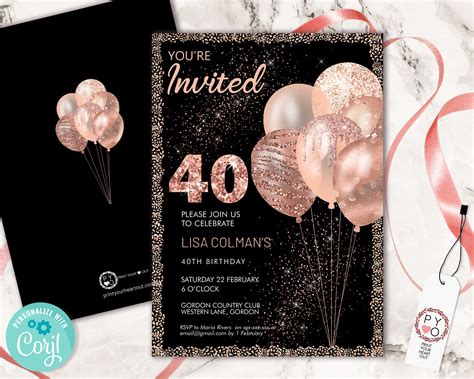 any age rose gold birthday balloons invitation printable template black glitter editable