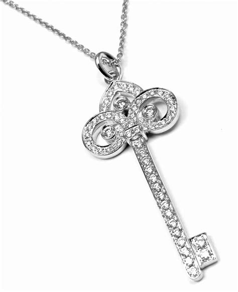 tiffany and co fleur de lis key 18k white gold diamond pendant necklace