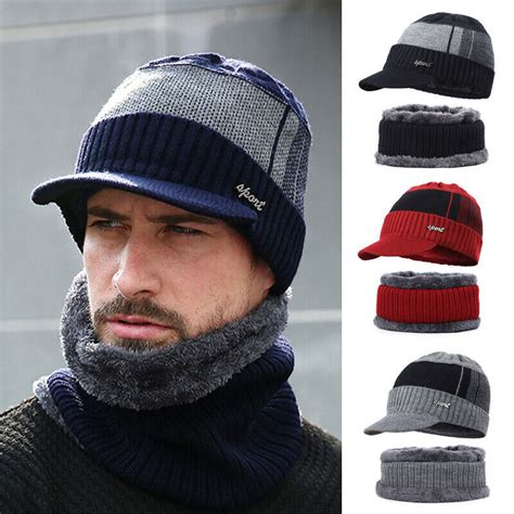 2pcs Men Winter Warm Hat Knit Visor Beanie Fleece Lined Beanie With Brim Cap Hat Scarf Set Warm