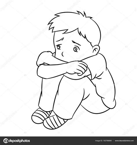 Dibujos Animados Lonely Boy Línea Dibujada Vector Vector Gráfico