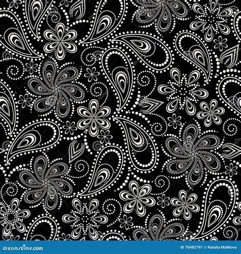 Seamless Black And White Pattern With Flowers And Paisley Vector Print