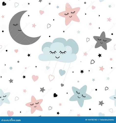 Seamless Cute Children Pattern With Baby Stars Cloud Moon Kids Texture