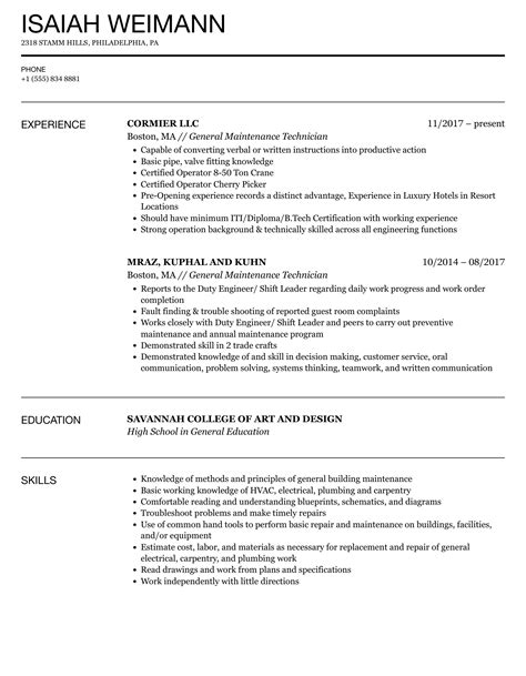 General Maintenance Technician Resume Samples Velvet Jobs