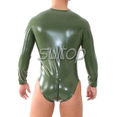 Long Sleeve Rubber Latex Leotard Bodysuit With Front Zip In Army Green Color For Men
