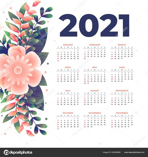 2021 Plantilla Calendario Año Nuevo Con Decoración Flores Vector Gráfico Vectorial © Starline