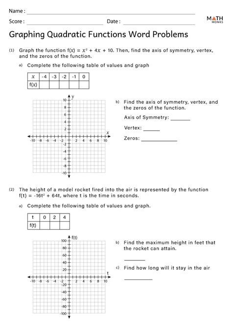 Quadratic Word Problems Worksheets Math Monks