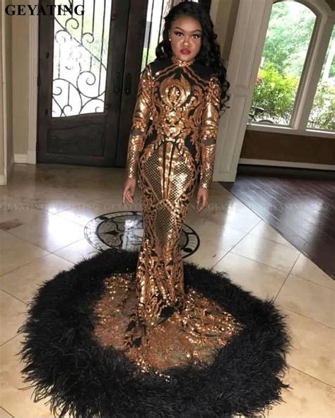 Sparkly Black And Gold Sequin Mermaid African Prom Dresses With