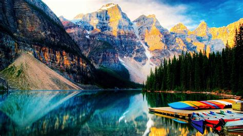 Reflections Mountains Rockies Water Boats Trees Coolwallpapersme