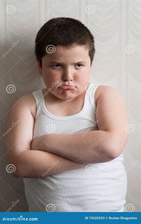 Fat Boy Put His Hands On Chest Looking Angry Stock Image Image Of