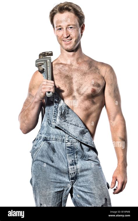 Sexy Greasy Caucasian Man 30 Something Handyman Plumber With His Tools