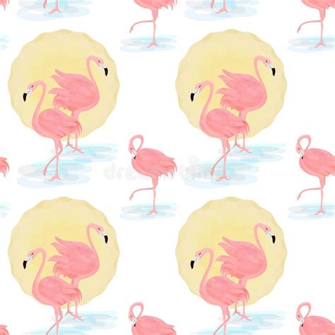 Seamless Pattern Of Pink Flamingos On The Background Of The Sun
