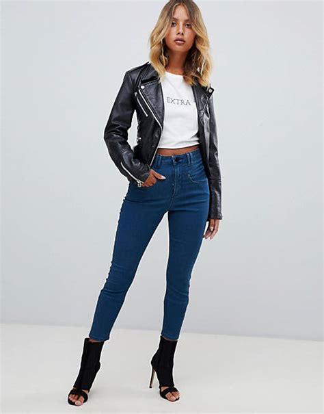 Asos Ridley High Waist Skinny Jeans With Gia Styling In Freddie Dark Blue Wash Asos