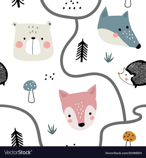 Seamless Woodland Pattern With Cute Animal Faces Vector Image