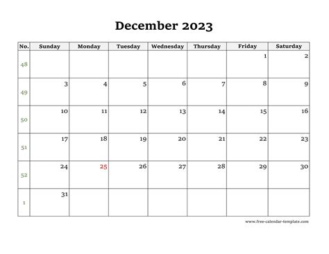 Simple December Calendar 2023 Large Box On Each Day For Notes Free