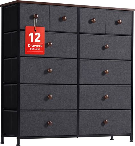 AOPSEN 12 Drawer Tall Dresser Storage Chests Of Drawers Black Fabric