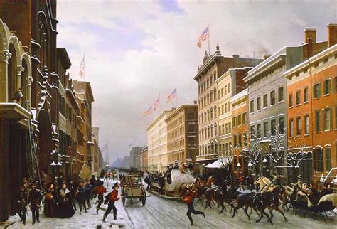 A Painting Of A Snowy City Street With Horse Drawn Sleds