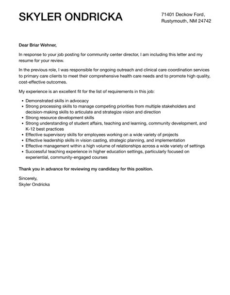 Community Center Director Cover Letter Velvet Jobs
